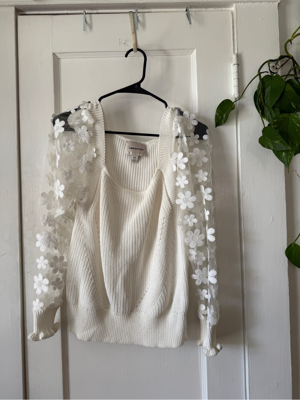 Industry size M Cream Ribbed Sweater with Floral Mesh Sleeves